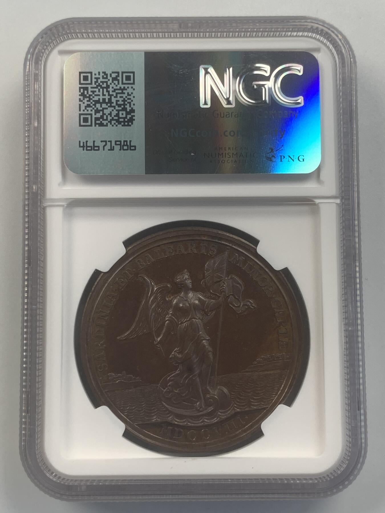 掌中浮雕-藏着的欧洲第045场 NGC MS62 : 1708年英国攻占撒丁岛和米诺卡岛，40mm