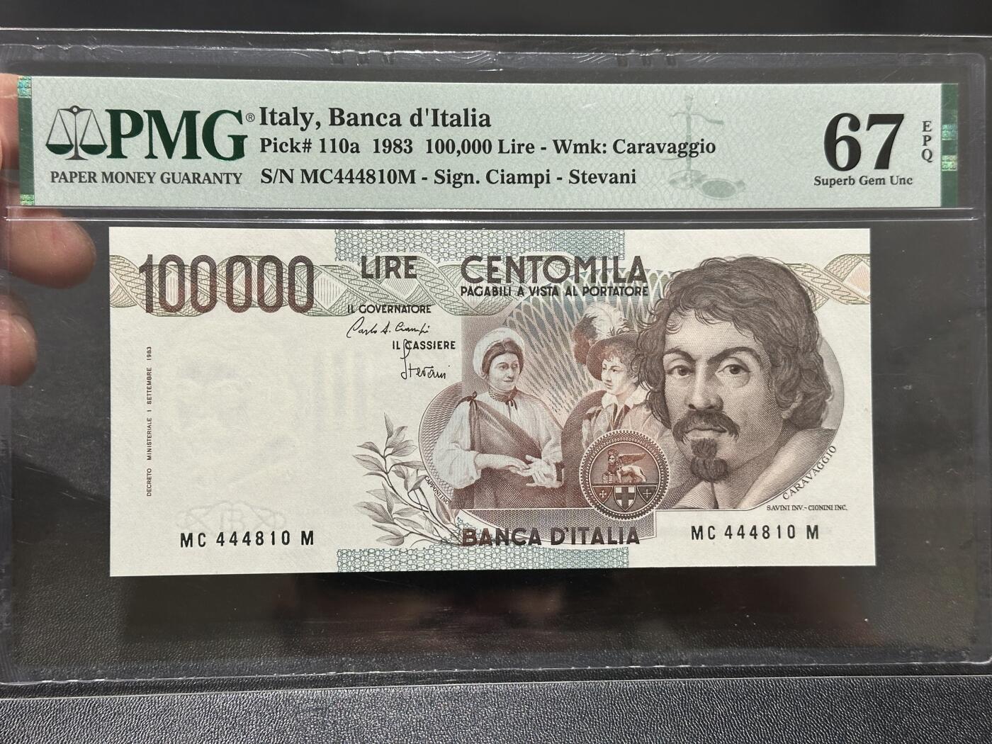 《外钞收藏家》第五百九十二期（精选场）（本平台长期征集拍品、欢迎藏友们联系合作） 1983年意大利10万里拉 PMG67 豹子头