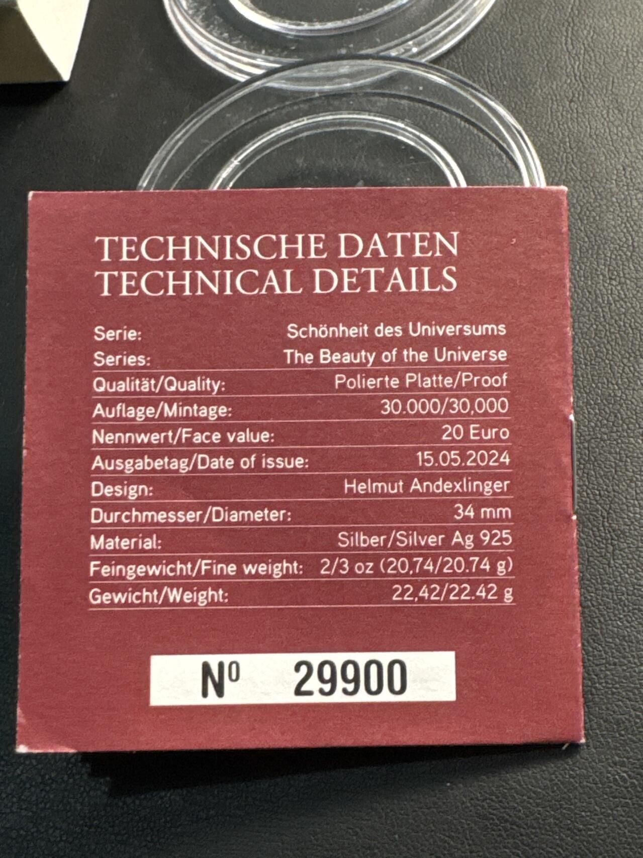 ❤️【币观天下】❤️ 第334期钱币拍卖- 2025.12.12周五晚上6点半场-长期征集拍品 获奖币奥地利2024年宇宙之美超新星曲面彩色银币（表面有丝痕）