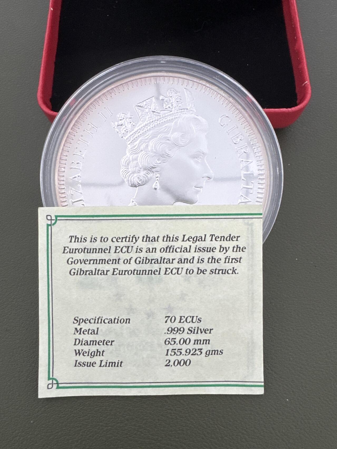 ❤️【币观天下】❤️ 第334期钱币拍卖- 2025.12.12周五晚上6点半场-长期征集拍品 直布罗陀1993年铁路隧道精制银币155.92克发行量2000枚