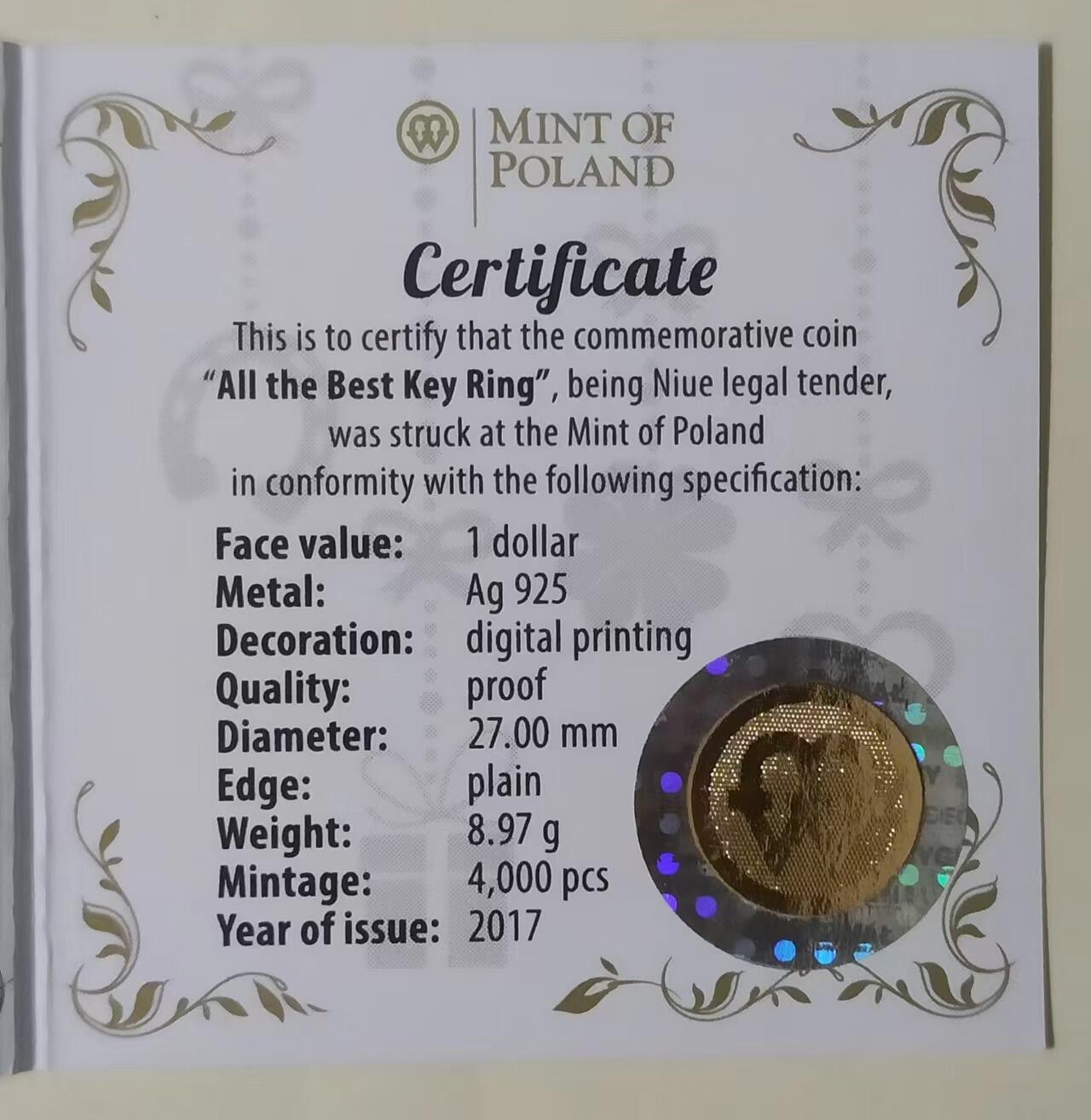 ❤️【币观天下】❤️ 第334期钱币拍卖- 2025.12.12周五晚上6点半场-长期征集拍品 纽埃2017年, “万事如意(All the Best)”-五福临门(五幸运符号:瓢虫,幸运草,马蹄铁,爱心,羽毛)圆孔镀金项链吊坠精制银币,配原装链环,盒证全. 寓意美好,“万事如意”最美好的祝福,更适合春节新年祝福礼品. 国外售价115欧元