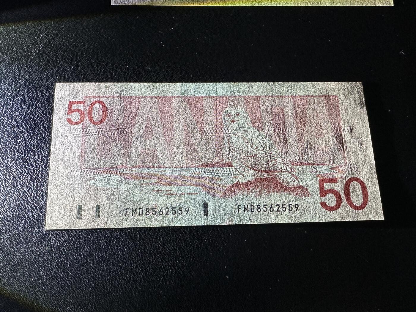 《外钞收藏家》第五百九十二期（精选场）（本平台长期征集拍品、欢迎藏友们联系合作） 1988年加拿大鸟版50加元 无47尾559 UNC- 有个黄斑