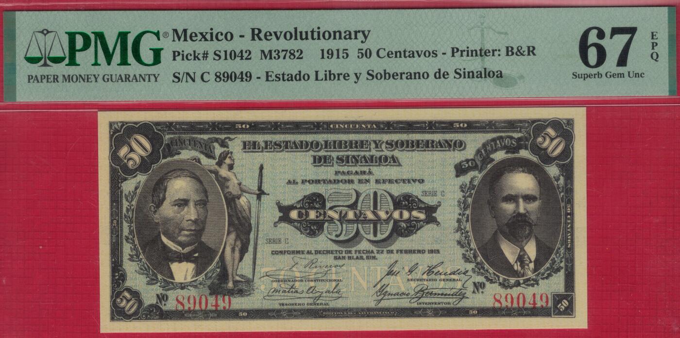 墨西哥革命时期(锡那罗亚州地方临时货币)1915年50分 P-S1042 冠军分 实物图 UNC