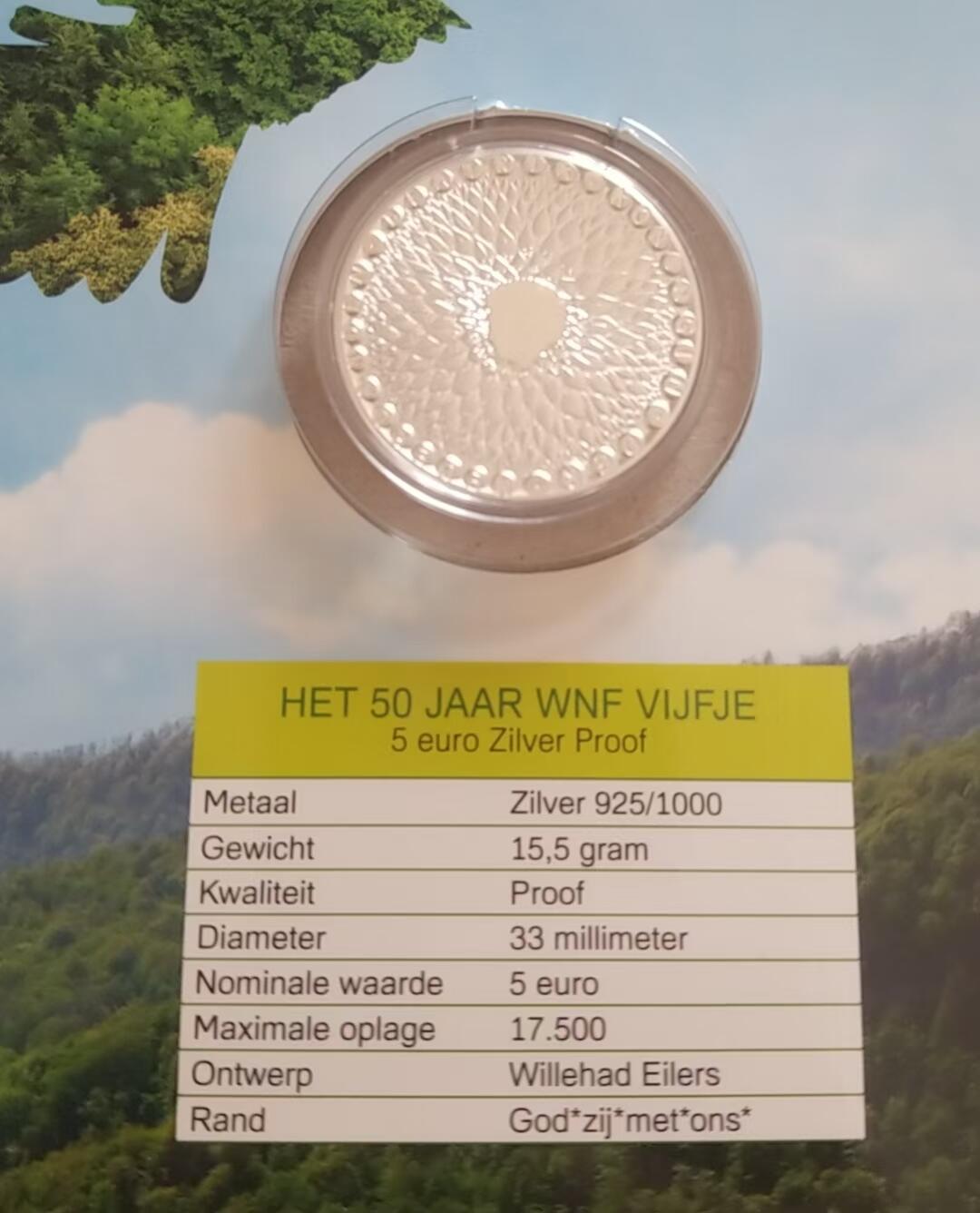 ❤️【币观天下】❤️ 第334期钱币拍卖- 2025.12.12周五晚上6点半场-长期征集拍品 荷兰2011年世界自然基金会成立50周年精制银币入围克劳斯年度最佳硬币，面值5欧元，925银15.5克，原装卡币。