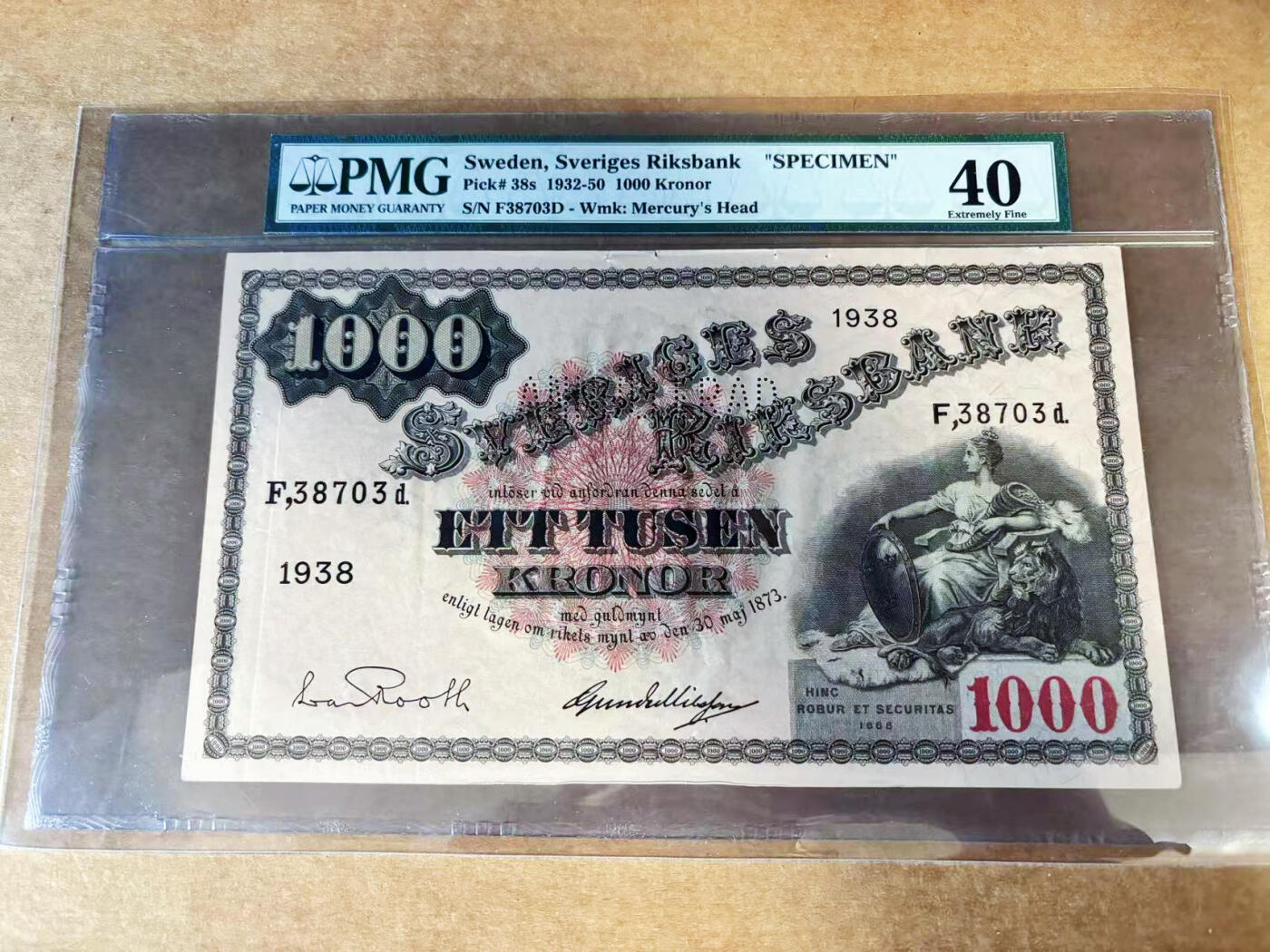 【Blue Auction】世界纸币精拍第760期——18级TOP拍卖/信誉/品质/专业/高效💫  【唯一记录 唯一冠军 样钞】瑞典1938年1000克朗 斯维亚女神古斯塔夫一世 墨丘利水印 超大票幅 PMG40  