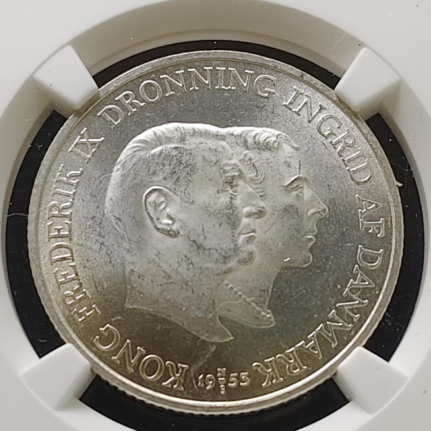 【全场包邮】纯粹捡漏拍485场（免费代拍第22场） 丹麦1953年格陵兰抗结核基金会2克朗纪念银币-NGC MS63