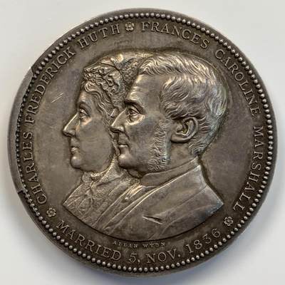 掌中浮雕-藏着的欧洲第045场 - NGC MS64 : 1886年银行家查尔斯.弗雷德里克.胡特和弗朗斯.卡罗琳.马歇尔金婚纪念银章，45mm，BHM记录银章仅铸造15枚