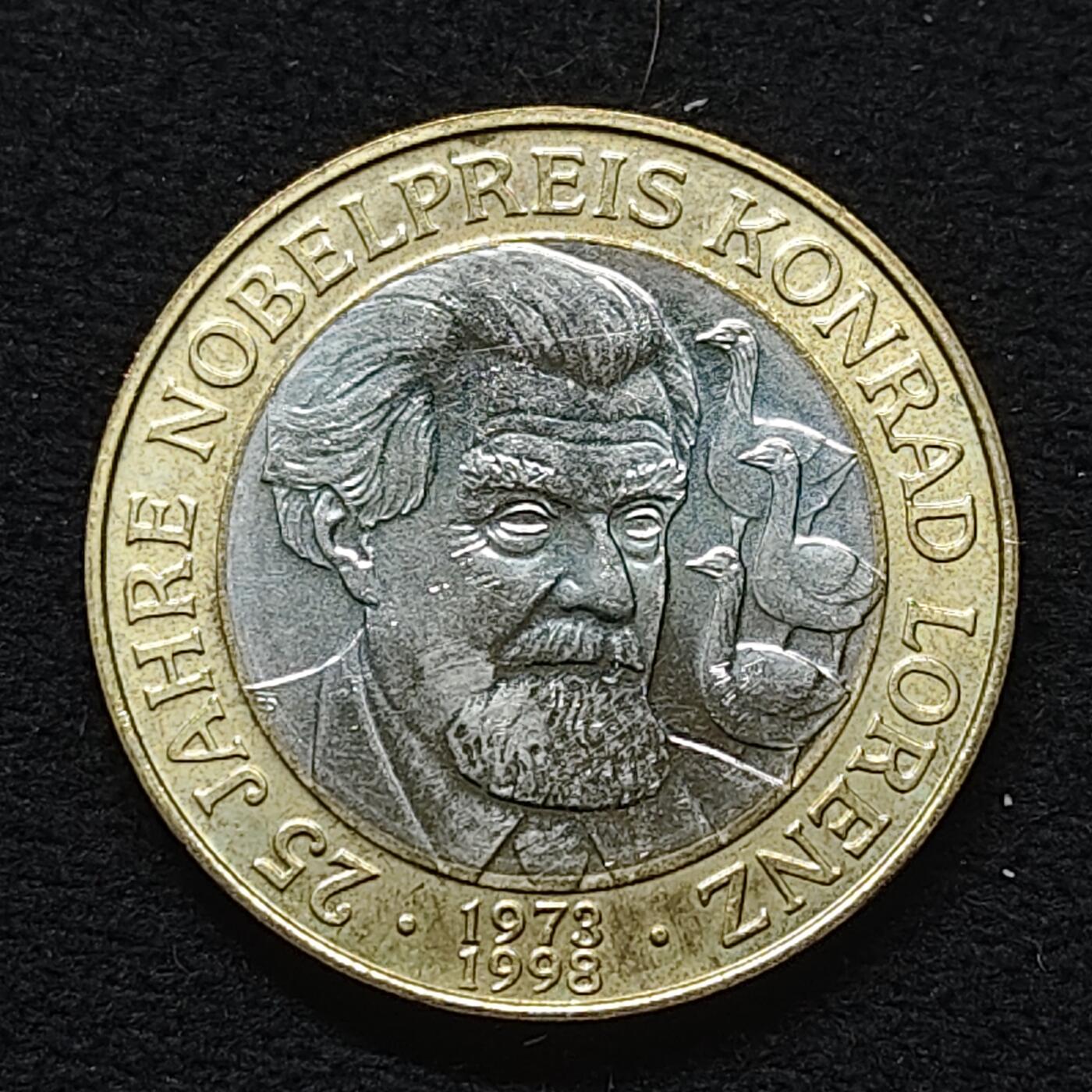 【全场包邮】纯粹捡漏拍484场（免费代拍第21场） 奥地利1998年50先令诺贝尔生理学和医学奖得主动物行为学家康拉德·劳伦兹双色纪念币