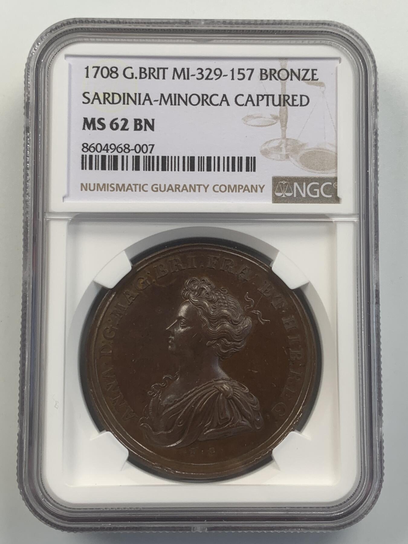 掌中浮雕-藏着的欧洲第045场 NGC MS62 : 1708年英国攻占撒丁岛和米诺卡岛，40mm