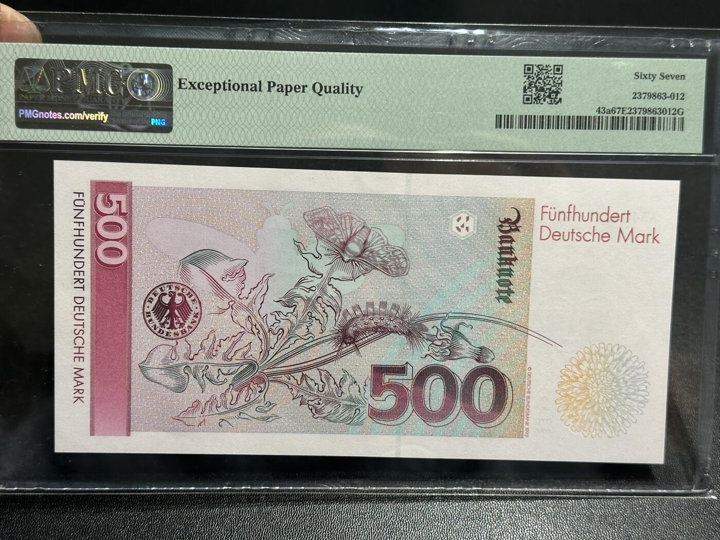 《外钞收藏家》第五百九十二期（精选场）（本平台长期征集拍品、欢迎藏友们联系合作） 德国1991年500马克著名女画家梅里安PMG67（AA字冠）