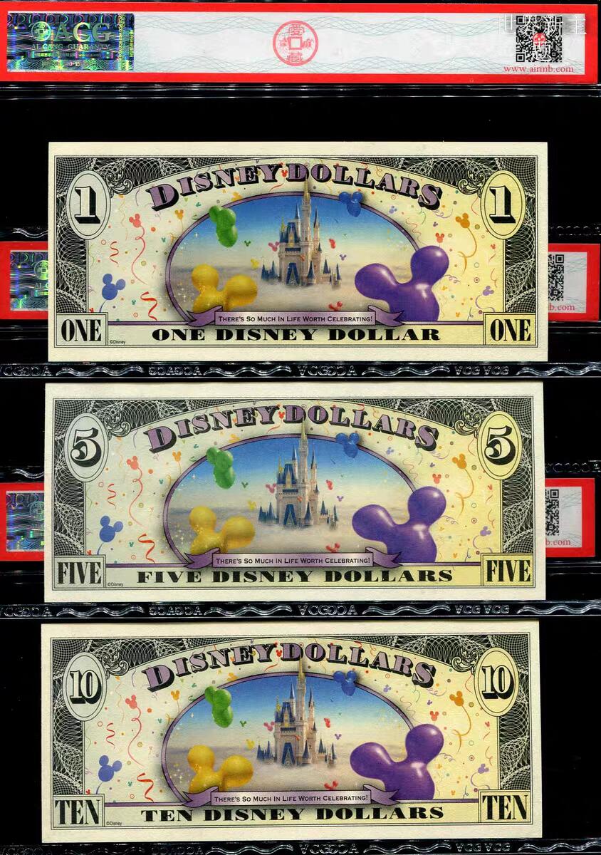 12月10号晚上8点 外国纸币自动截拍第71场 全新UNC 美国 迪士尼 世界新主题 2009年1,5,10元 T冠 评级全套