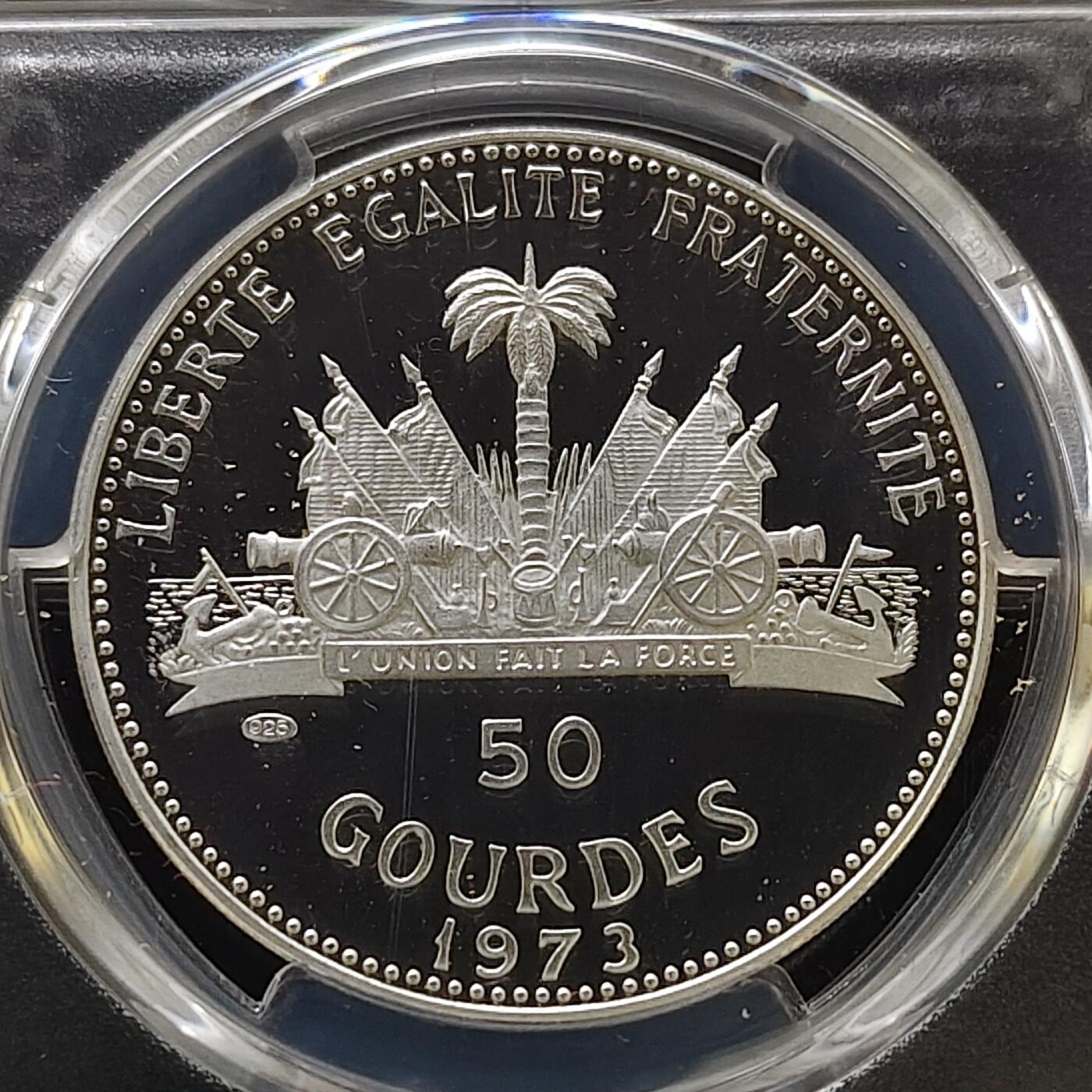 【全场包邮】纯粹捡漏拍485场（免费代拍第22场） 【少见】海地1973年50古德母与子精制纪念银币-量5853-盒证全-PCGS PR68 DCAM