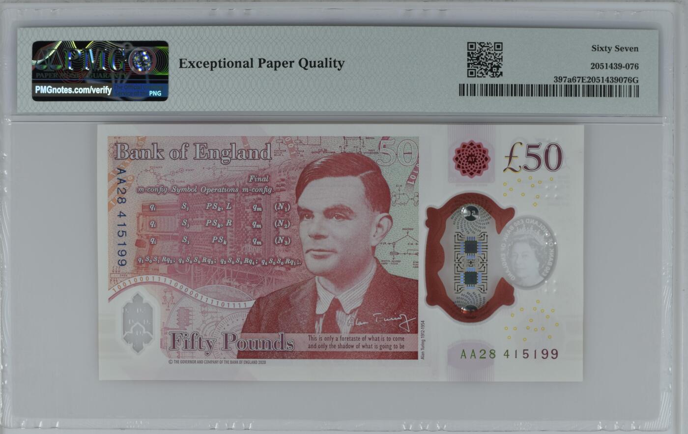 《外钞收藏家》第五百九十二期（精选场）（本平台长期征集拍品、欢迎藏友们联系合作） 2020年英国女王版塑料钞50镑 PMG67 尾99