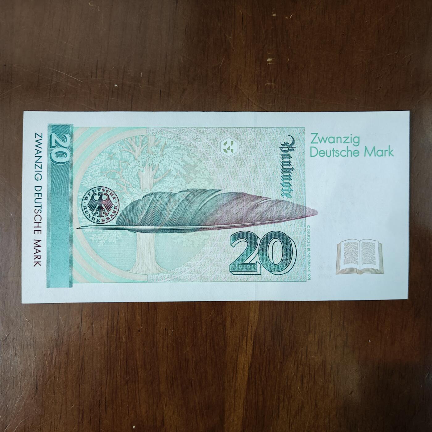 欧洲1993年 联邦德国 20 马克 女作家斯霍夫好品原票原图片