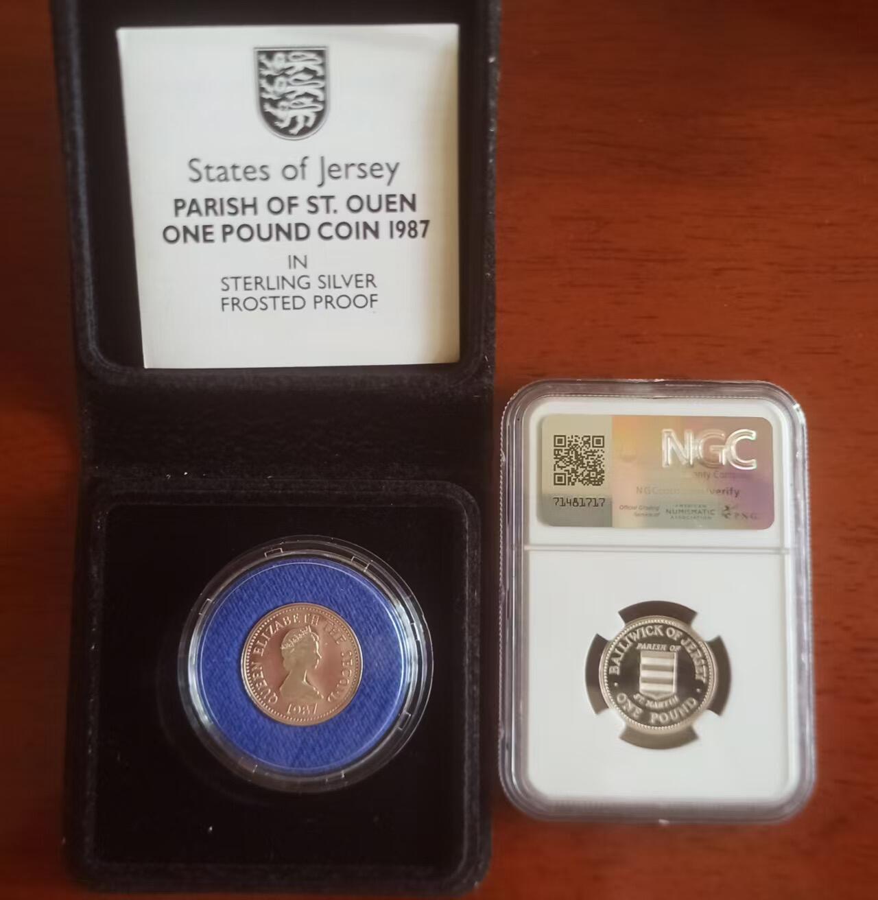 ❤️【币观天下】❤️ 第334期钱币拍卖- 2025.12.12周五晚上6点半场-长期征集拍品 泽西1987年教区一镑精制套币一对 发行量2500枚，圣欧文和圣马丁，原盒证一枚，NGC69一枚