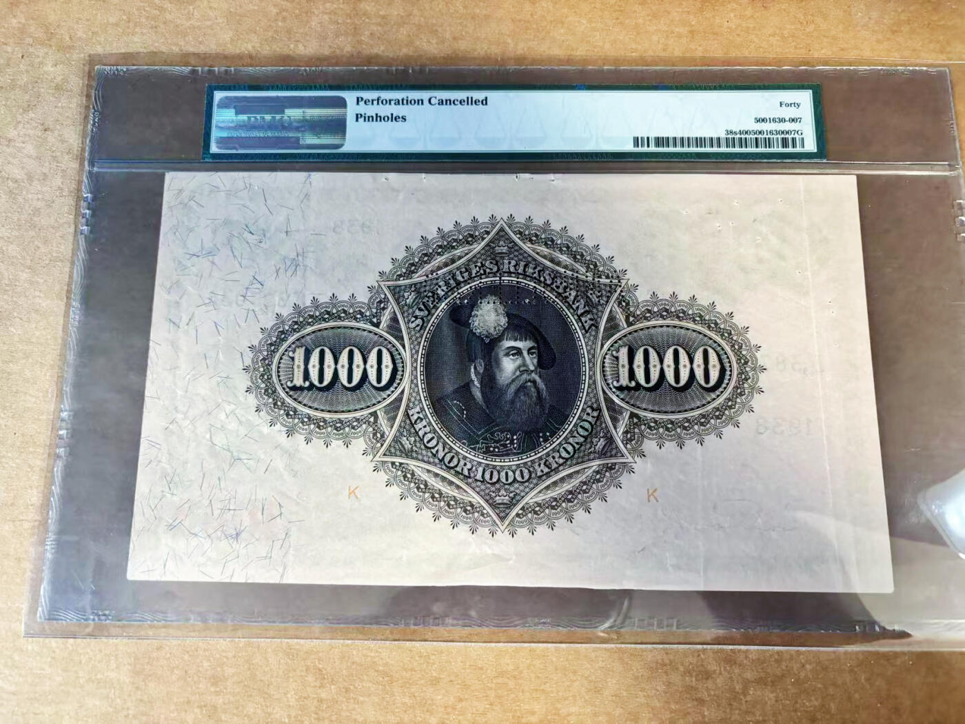 【Blue Auction】世界纸币精拍第760期——18级TOP拍卖/信誉/品质/专业/高效💫  【唯一记录 唯一冠军 样钞】瑞典1938年1000克朗 斯维亚女神古斯塔夫一世 墨丘利水印 超大票幅 PMG40  