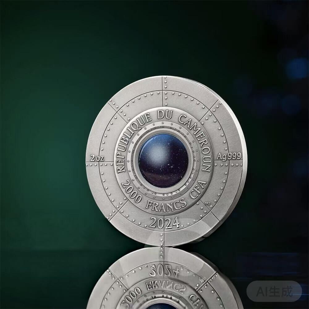 第184期拍卖 【龙头币】喀麦隆2024年, 星际现象(1)-罗斯威尔UFO事件，2盎司加大(直径达50mm), 金属蓝彩色、高浮雕、仿古、双面彩色纪念银币. 盒证全. (龙头币 新热门飞碟系列第一枚)，实物超漂亮质感动感. 国外售价436+美元