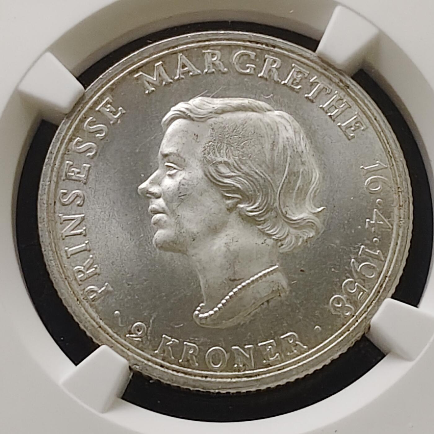 【全场包邮】纯粹捡漏拍485场（免费代拍第22场） 【收藏级·亚军分】丹麦1958年2克朗玛格丽特公主18岁成年纪念银币-NGC MS66