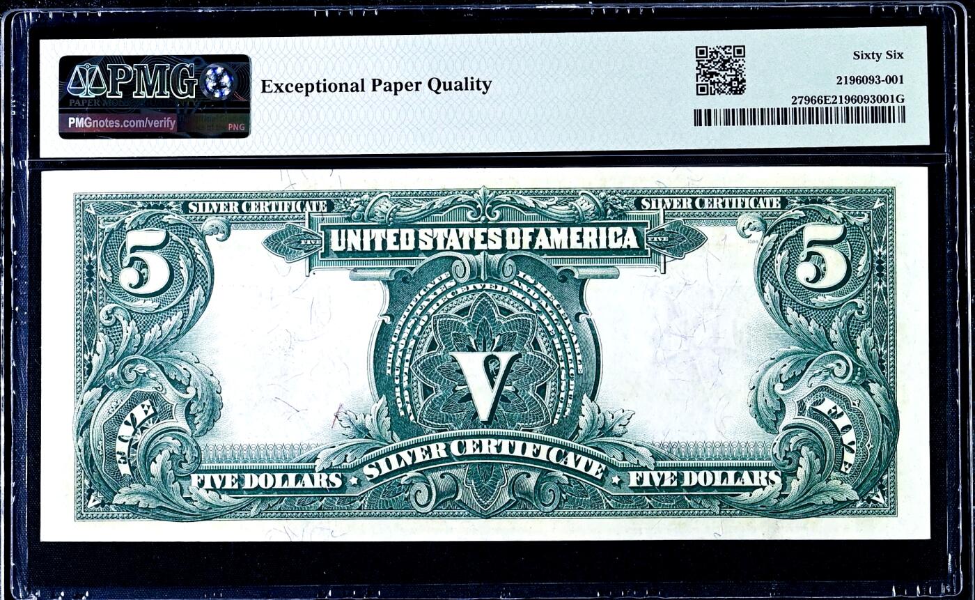 【Blue Auction】世界纸币精拍第760期——18级TOP拍卖/信誉/品质/专业/高效💫 【冠军分 少见fr】美国 1899年5美金“酋长券” PMG66EPQ 在“最伟大美元纸币”中排名第十（纸币正面印有印第安苏族汉克帕帕部落酋长的肖像，象征美国西部文化。由美国雕版大师 G.F.C.Smilie雕刻，以其细腻的点线技法展现羽毛冠和面部细节，被誉为纸币雕刻的杰作）老美金收藏绕不开的一张经典 大票幅 