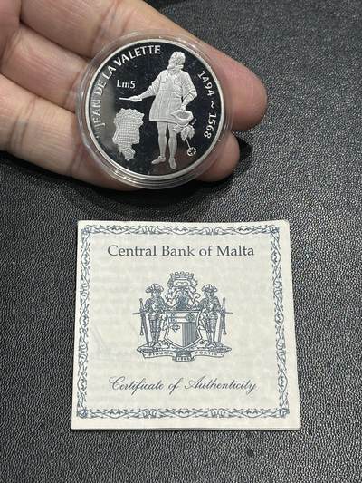 《外钞收藏家》第五百九十二期（精选场）（本平台长期征集拍品、欢迎藏友们联系合作） - 马耳他2007年5里拉欧洲知名探险家让德拉瓦莱特纪念银币（带证书，27g，925银）