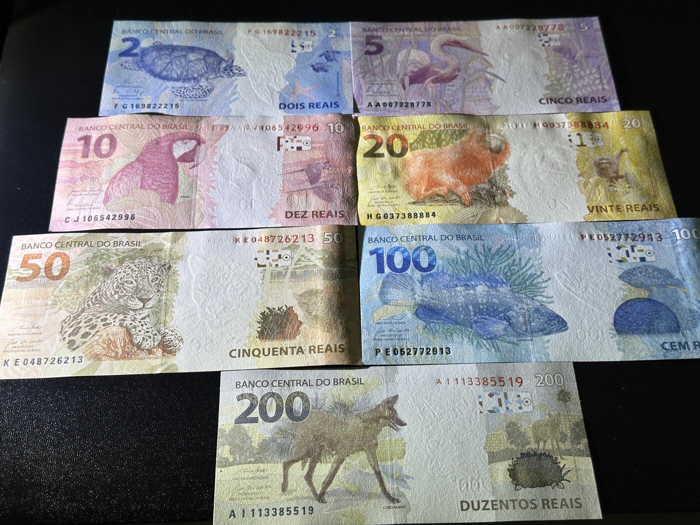 《外钞收藏家》第五百九十二期（精选场）（本平台长期征集拍品、欢迎藏友们联系合作） 巴西新版2-200雷亚尔7张一套（5/200是AA字冠，有多张号码不错）	UNC 10面额角不绝