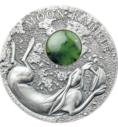 第184期拍卖 - 【龙头币】纽埃2021, 中国民间神话故事(1)-玉兔奔月，50克,加大(直径达50mm),镶嵌大块天然翡翠,高浮雕,仿古艺术银币. 盒证全. 龙头币,中国传统神话故事系列(1). 热门中国元素.国外售价335+美元