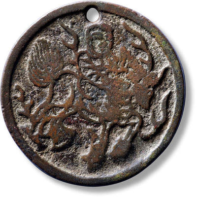 上海匡时2025年秋季拍卖会 中国历代钱币 铜镜专场 - 清麒麟送子小手镜一枚 清麒麟送子小手镜一枚，直径：44.3mm，厚：2.1mm，重量：19.7g