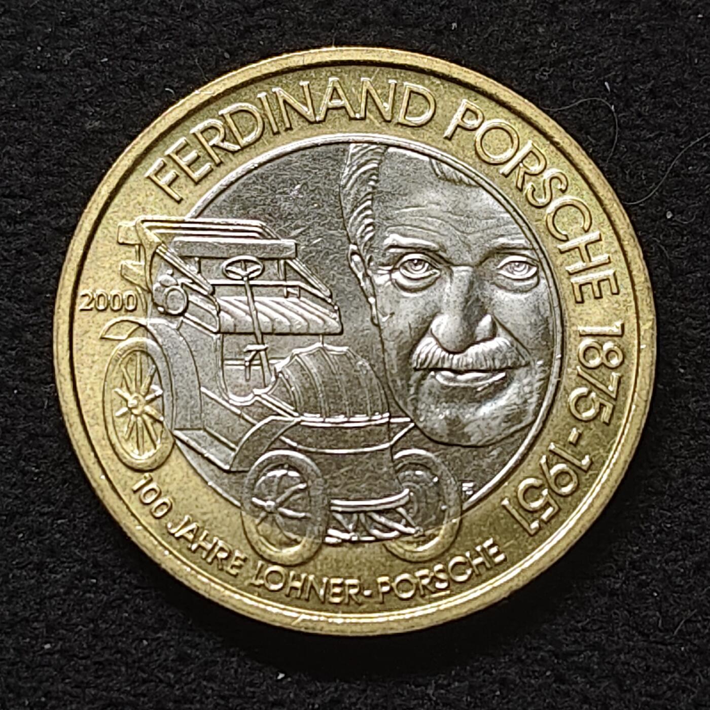 【全场包邮】纯粹捡漏拍484场（免费代拍第21场） 奥地利2000年50先令汽车工程师费迪南德·保时捷诞生100周年双色纪念币