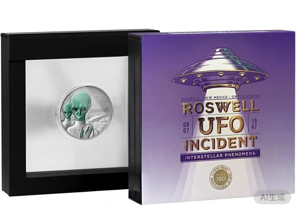 第184期拍卖 【龙头币】喀麦隆2024年, 星际现象(1)-罗斯威尔UFO事件，2盎司加大(直径达50mm), 金属蓝彩色、高浮雕、仿古、双面彩色纪念银币. 盒证全. (龙头币 新热门飞碟系列第一枚)，实物超漂亮质感动感. 国外售价436+美元