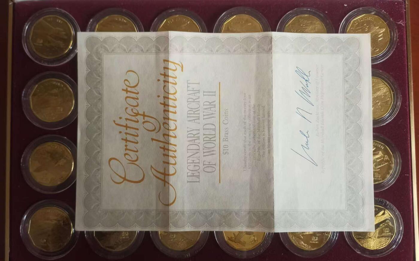 ❤️【币观天下】❤️ 第334期钱币拍卖- 2025.12.12周五晚上6点半场-长期征集拍品 马绍尔群岛二战飞机24枚大套 包含野马、闪电、喷火、飓风、bf109、零战等二战名机，带证书和具体介绍每种飞机一本册子。面值10元