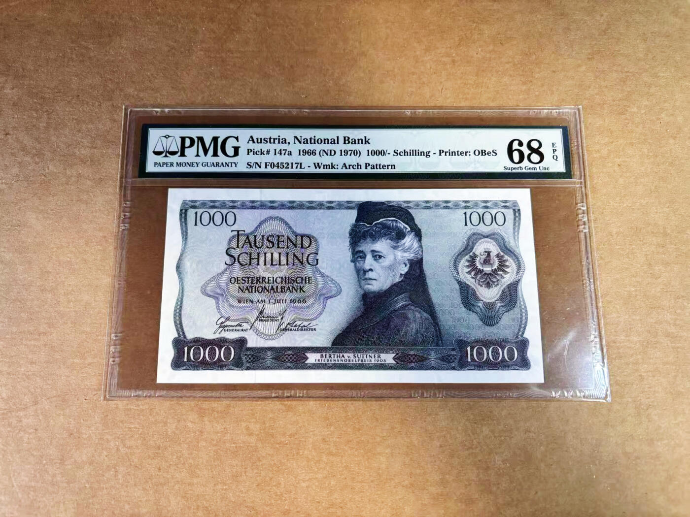 【Blue Auction】世界纸币精拍第760期——18级TOP拍卖/信誉/品质/专业/高效💫 奥地利 1966年1000先令 苏特纳 PMG68EPQ 高分 老壳