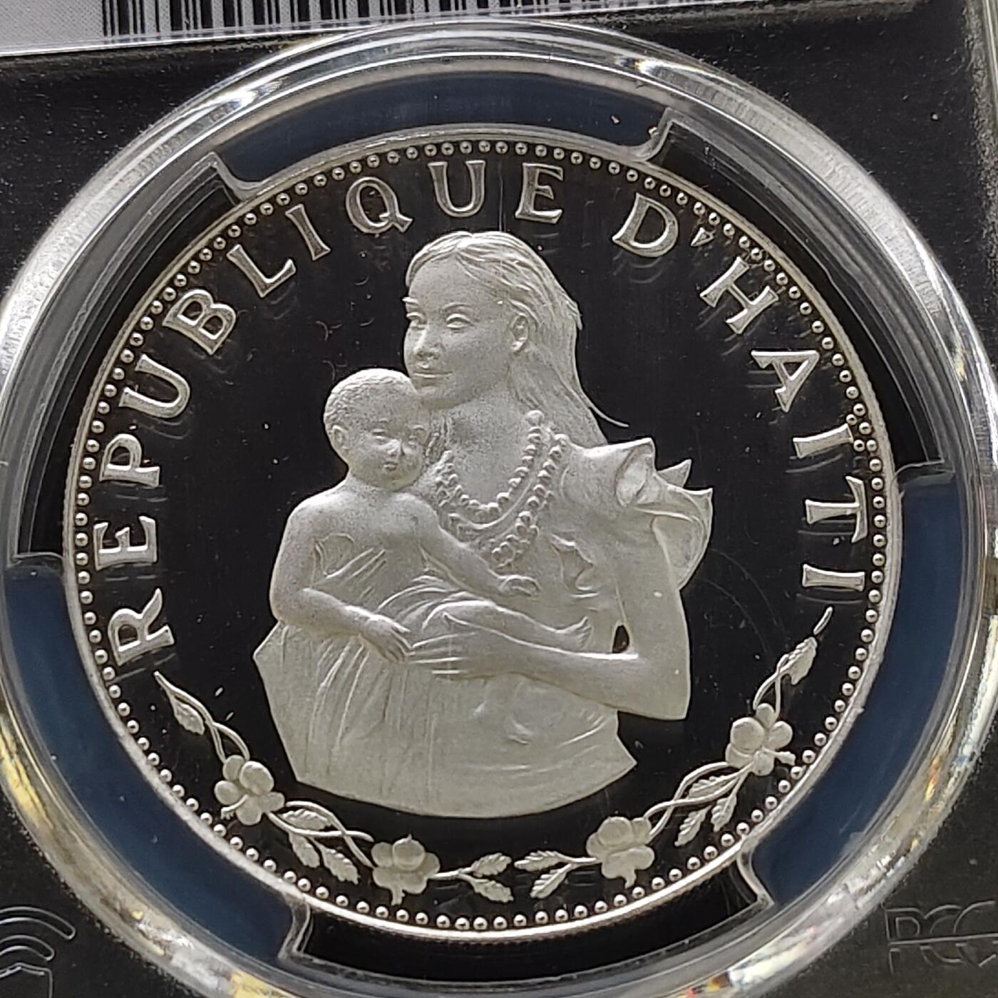 【全场包邮】纯粹捡漏拍485场（免费代拍第22场） 【少见】海地1973年50古德母与子精制纪念银币-量5853-盒证全-PCGS PR68 DCAM