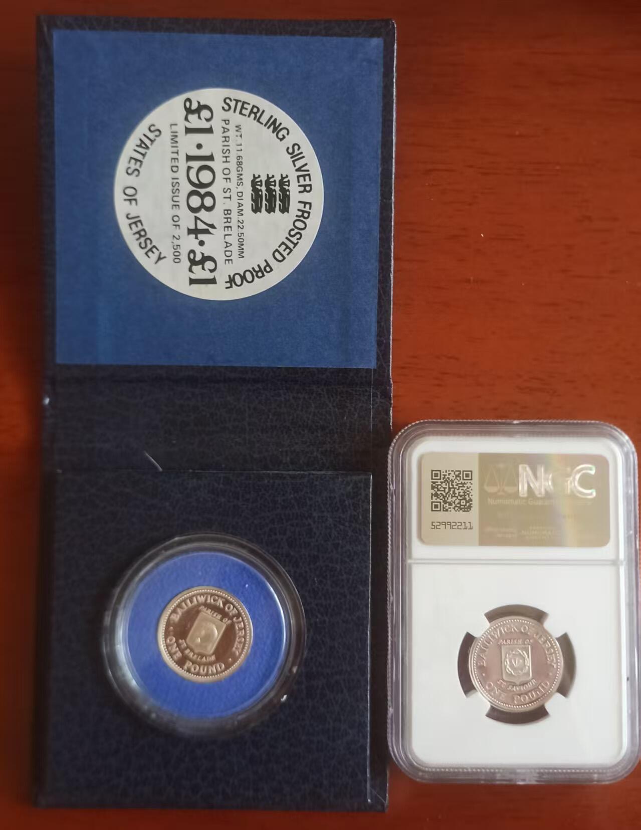 ❤️【币观天下】❤️ 第334期钱币拍卖- 2025.12.12周五晚上6点半场-长期征集拍品 泽西1984年教区一镑精制银币一对 发行量2500枚 圣布莱德和圣萨维尔教区 原盒证和NGC69一样一枚