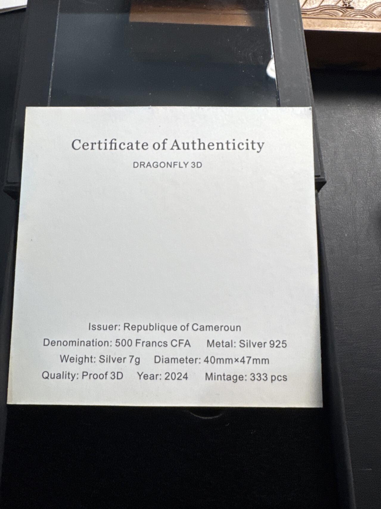 ❤️【币观天下】❤️ 第334期钱币拍卖- 2025.12.12周五晚上6点半场-长期征集拍品 喀麦隆2024年立体动物系列银币蜻蜓发行量333枚