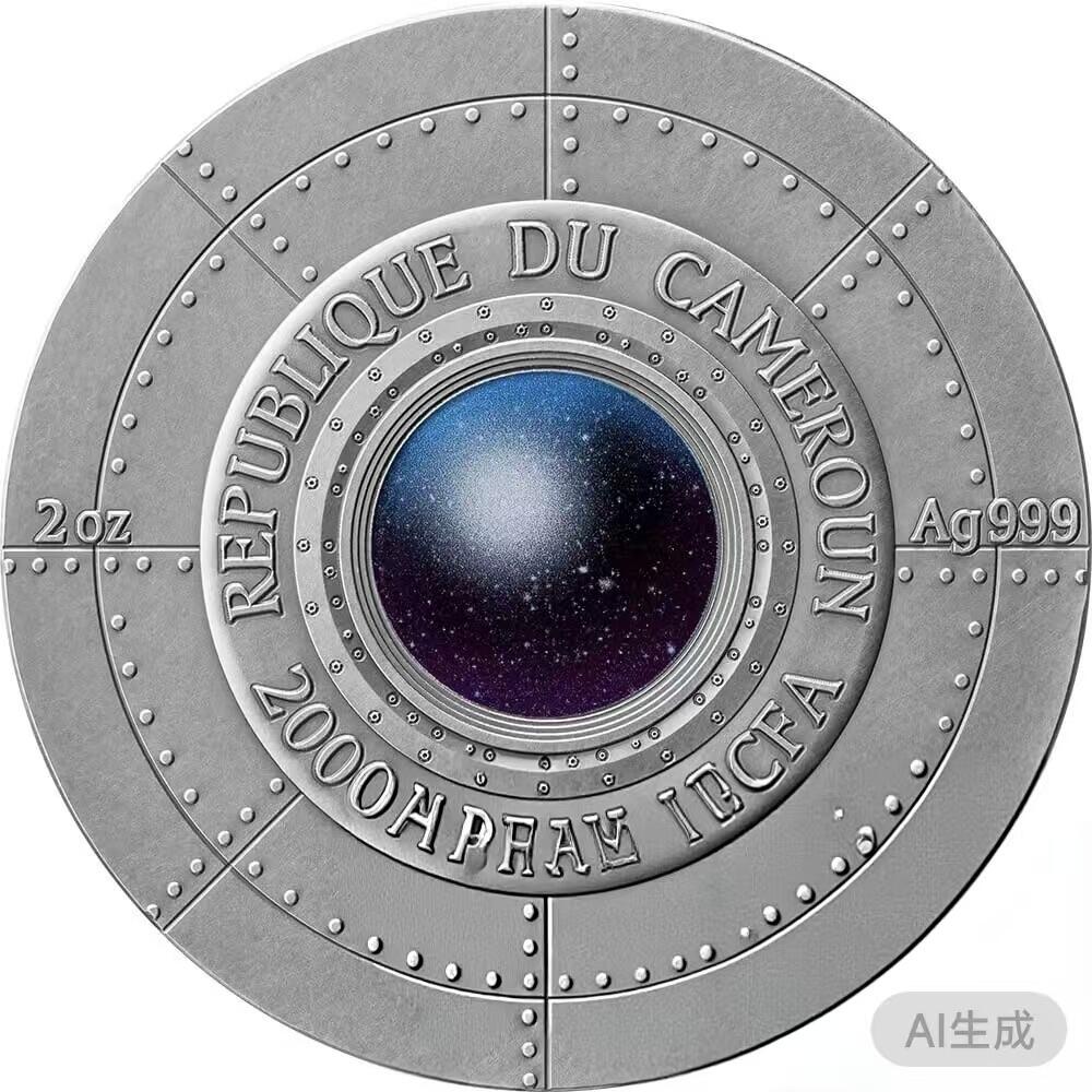 第184期拍卖 【龙头币】喀麦隆2024年, 星际现象(1)-罗斯威尔UFO事件，2盎司加大(直径达50mm), 金属蓝彩色、高浮雕、仿古、双面彩色纪念银币. 盒证全. (龙头币 新热门飞碟系列第一枚)，实物超漂亮质感动感. 国外售价436+美元