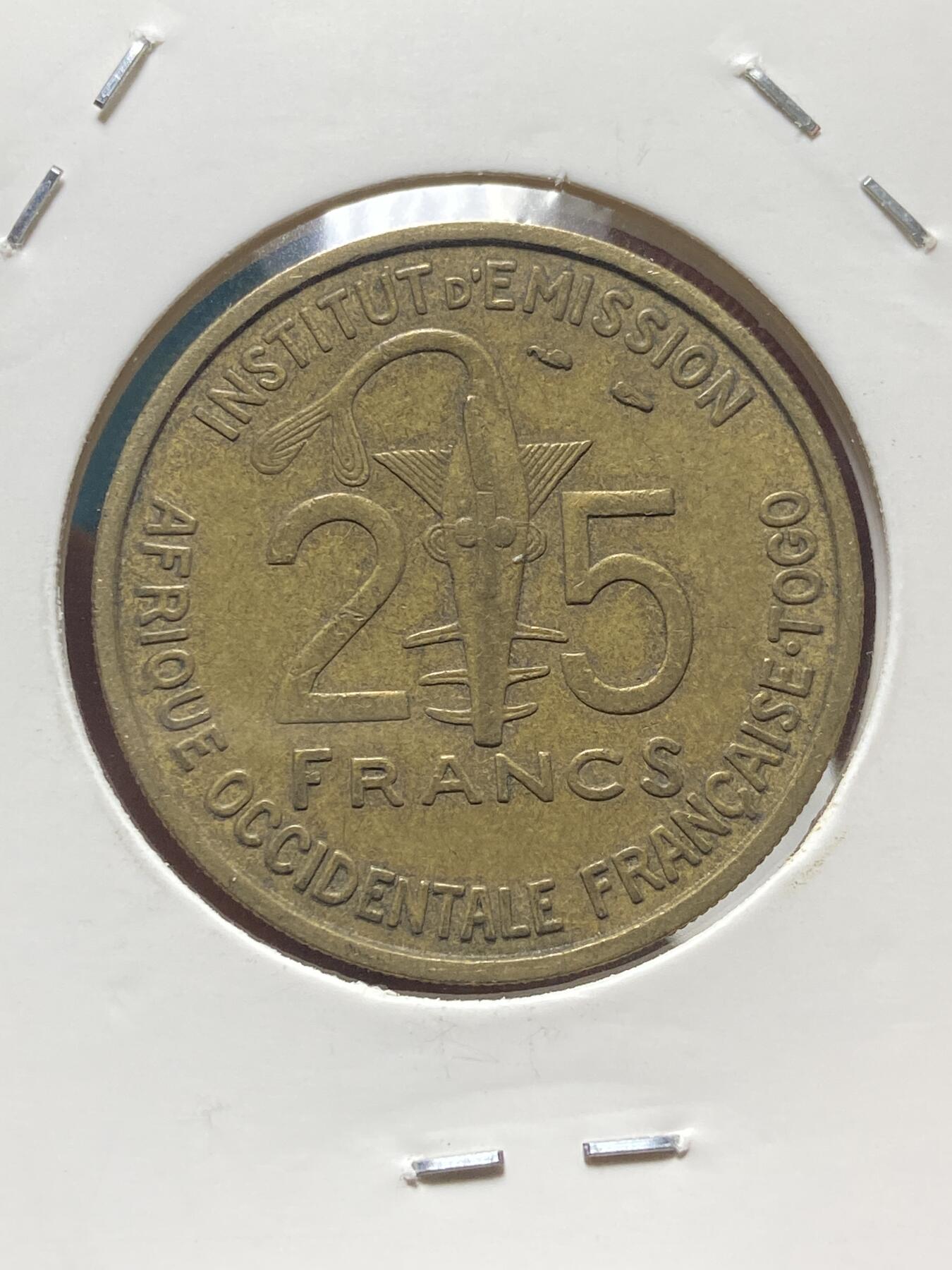 2025年第一百三十五场(总第一百六十一场）外国好品纸夹散币场(免佣金) 法属西非–多哥1957单年份25法郎(仅供多哥地区流通)