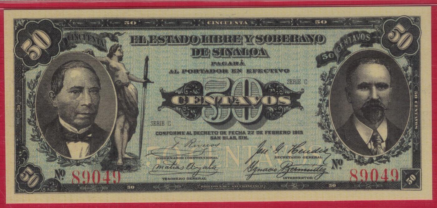 墨西哥革命时期(锡那罗亚州地方临时货币)1915年50分 P-S1042 冠军分 实物图 UNC