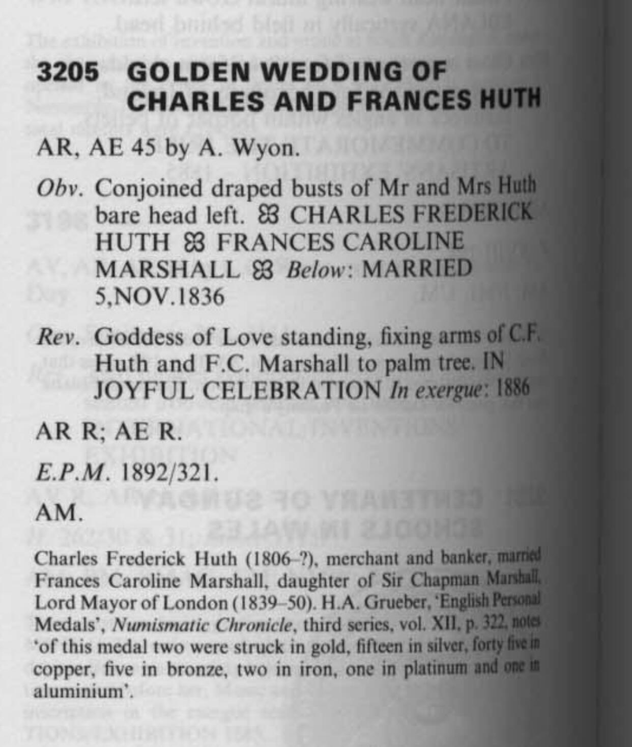 掌中浮雕-藏着的欧洲第045场 NGC MS64 : 1886年银行家查尔斯.弗雷德里克.胡特和弗朗斯.卡罗琳.马歇尔金婚纪念银章，45mm，BHM记录银章仅铸造15枚