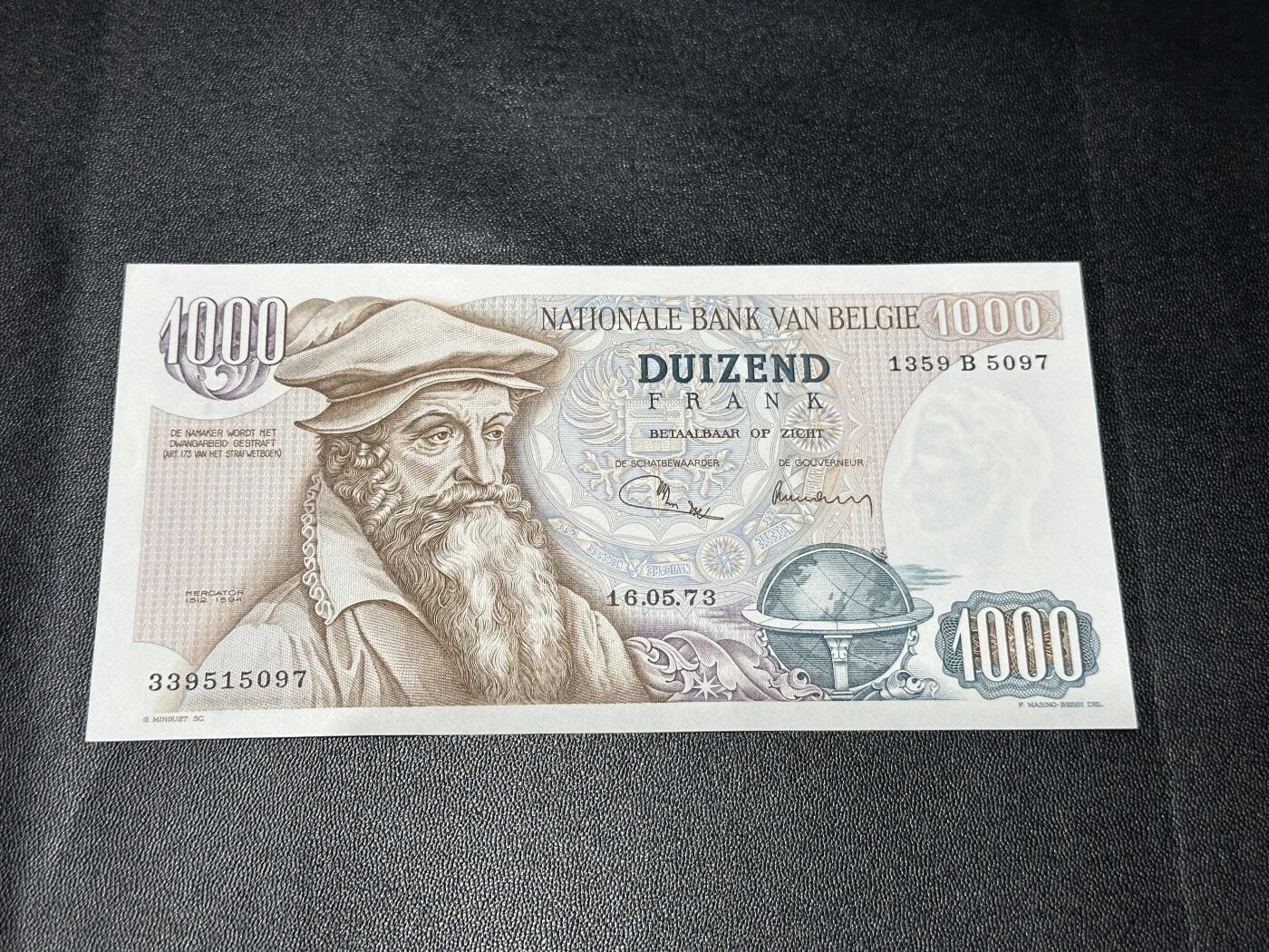 《外钞收藏家》第五百九十二期（精选场）（本平台长期征集拍品、欢迎藏友们联系合作） 比利时1973年老版1000法郎（少见；地图制作家吉拉德 克雷默）UNC 但角不绝 如图
