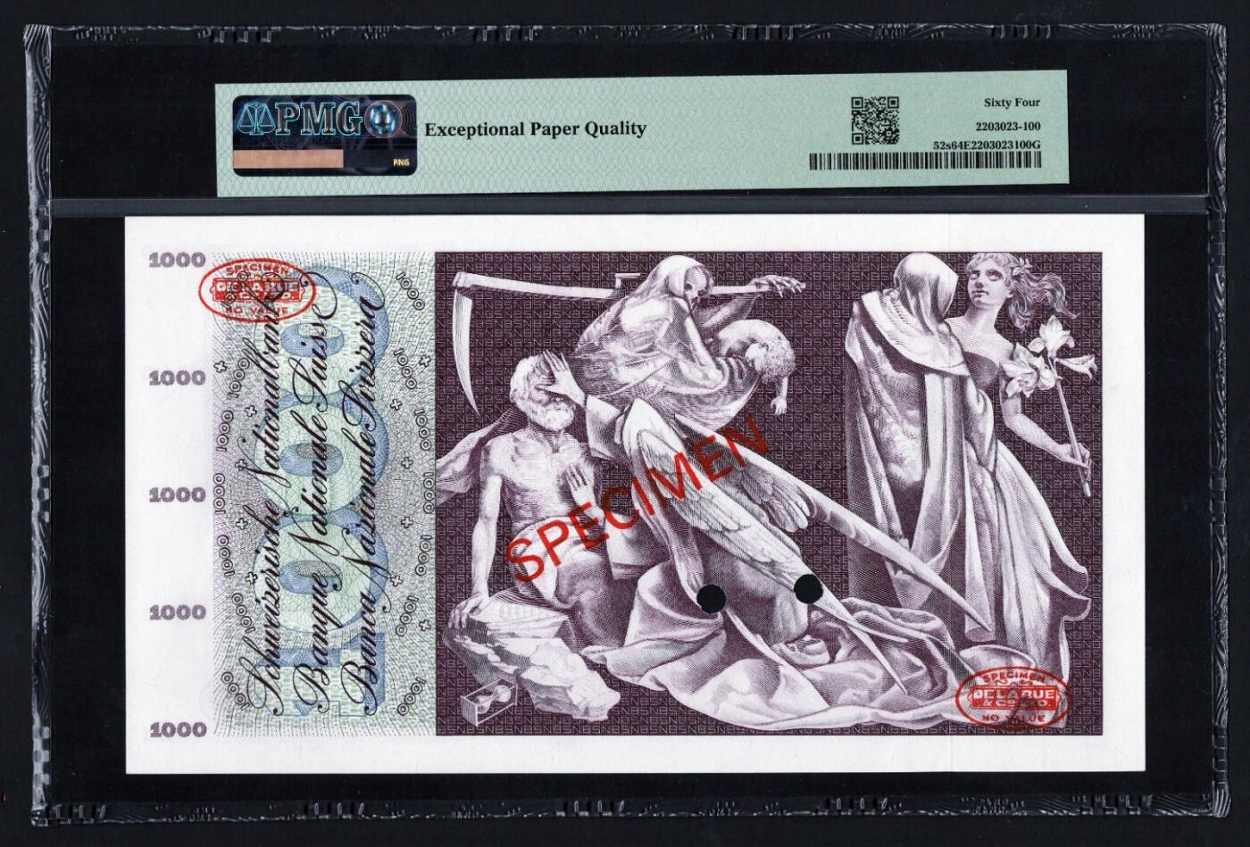 【Blue Auction】世界纸币精拍第760期——18级TOP拍卖/信誉/品质/专业/高效💫   瑞士 1954-74年1000法郎 最高值 超大票幅 经典“死神之舞”雕刻精美 样钞少见 PMG64EPQ 全新原票 值得收藏 （64NET很黄的一张四年前就拍出1260美金 这张全新原票状态好）
