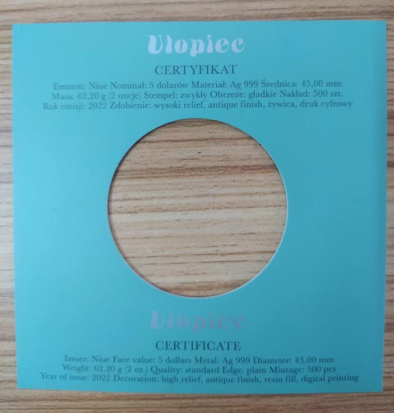 第184期拍卖  【龙头币】纽埃2022年，《巫师3-狂猎》神怪系列(1)-水精灵，2盎司、超高浮雕、仿古、镶嵌彩色树脂、彩色漂亮银币. 盒证全. 龙头币(系列第一枚). 国外售价325美元