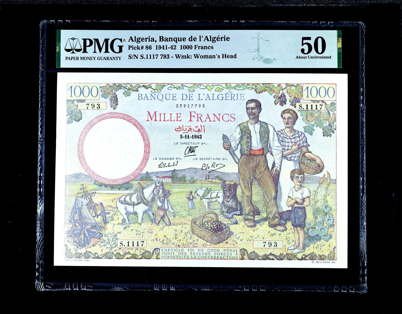 【Blue Auction】世界纸币精拍第760期——18级TOP拍卖/信誉/品质/专业/高效💫 【仅2张更高分 无全新存世 好品难遇】阿尔及利亚 1942年1000法郎 大票幅 农村风光唯美 一家三口很温馨 色彩艳丽 法属经典 PMG50状态佳无背标 值得收藏 