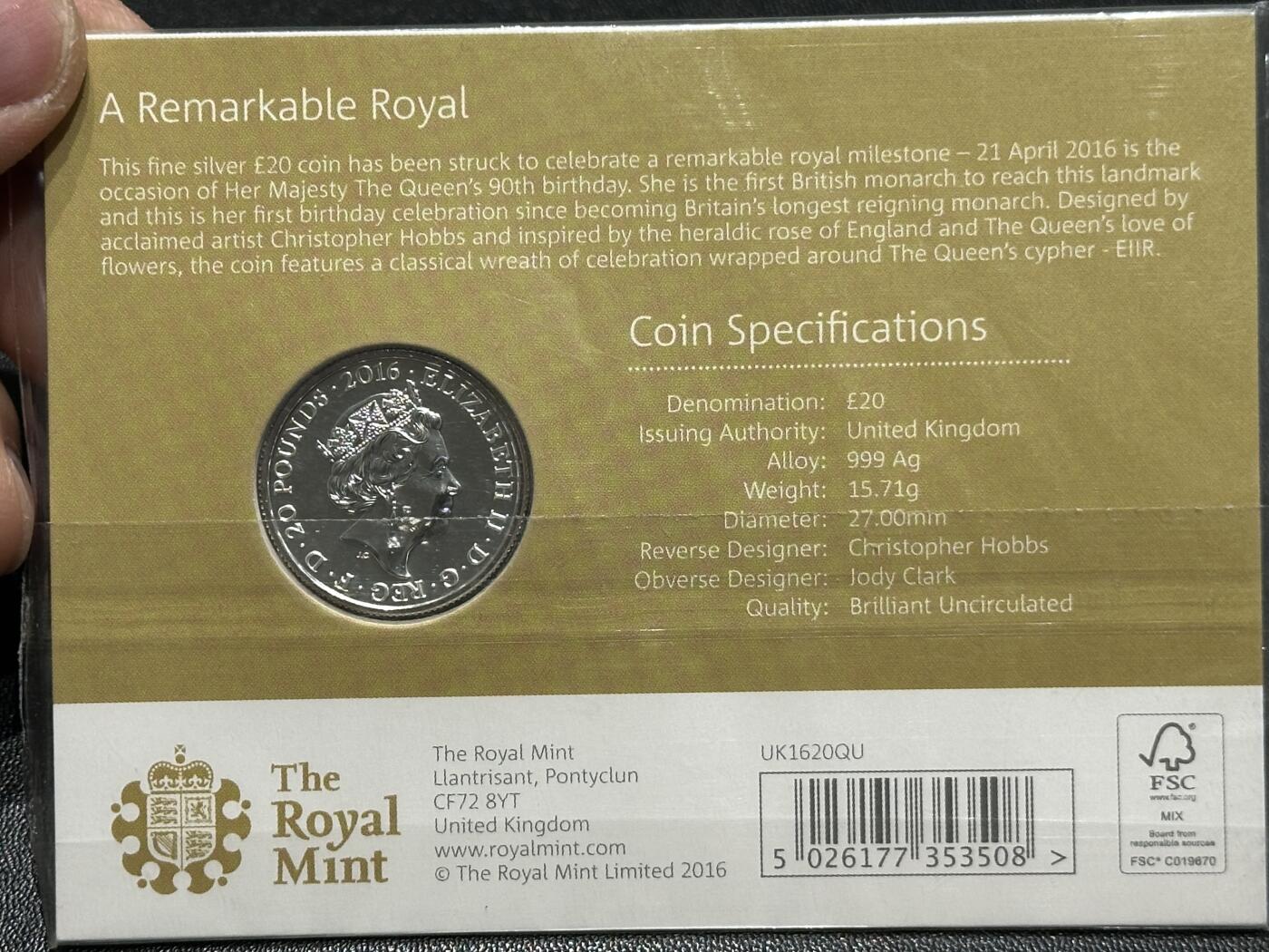 《外钞收藏家》第五百九十二期（精选场）（本平台长期征集拍品、欢迎藏友们联系合作） 英国2016年20镑女王90大寿精制纪念银币（1/2盎司纯银）