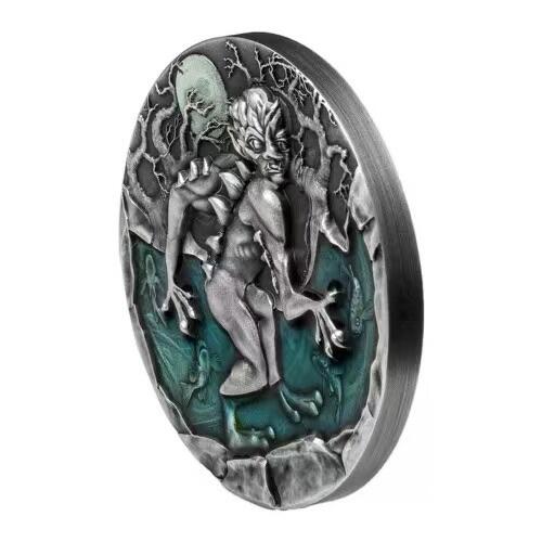 第184期拍卖  【龙头币】纽埃2022年，《巫师3-狂猎》神怪系列(1)-水精灵，2盎司、超高浮雕、仿古、镶嵌彩色树脂、彩色漂亮银币. 盒证全. 龙头币(系列第一枚). 国外售价325美元