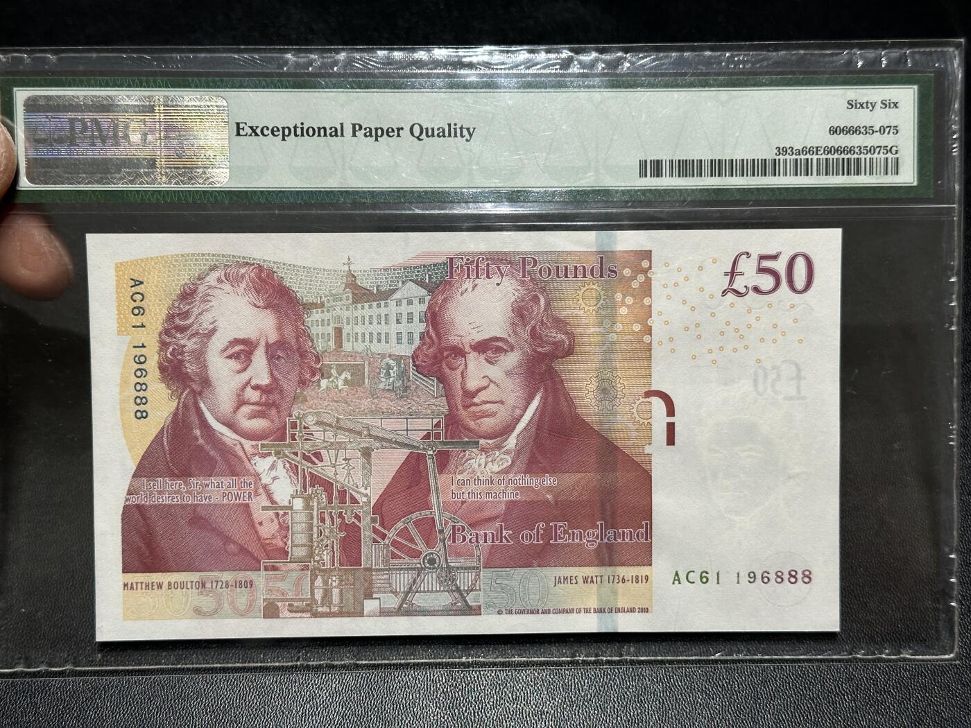 《外钞收藏家》第五百九十二期（精选场）（本平台长期征集拍品、欢迎藏友们联系合作） 2010年英国F序列50镑 PMG66 生日号+倒置号+豹子号888