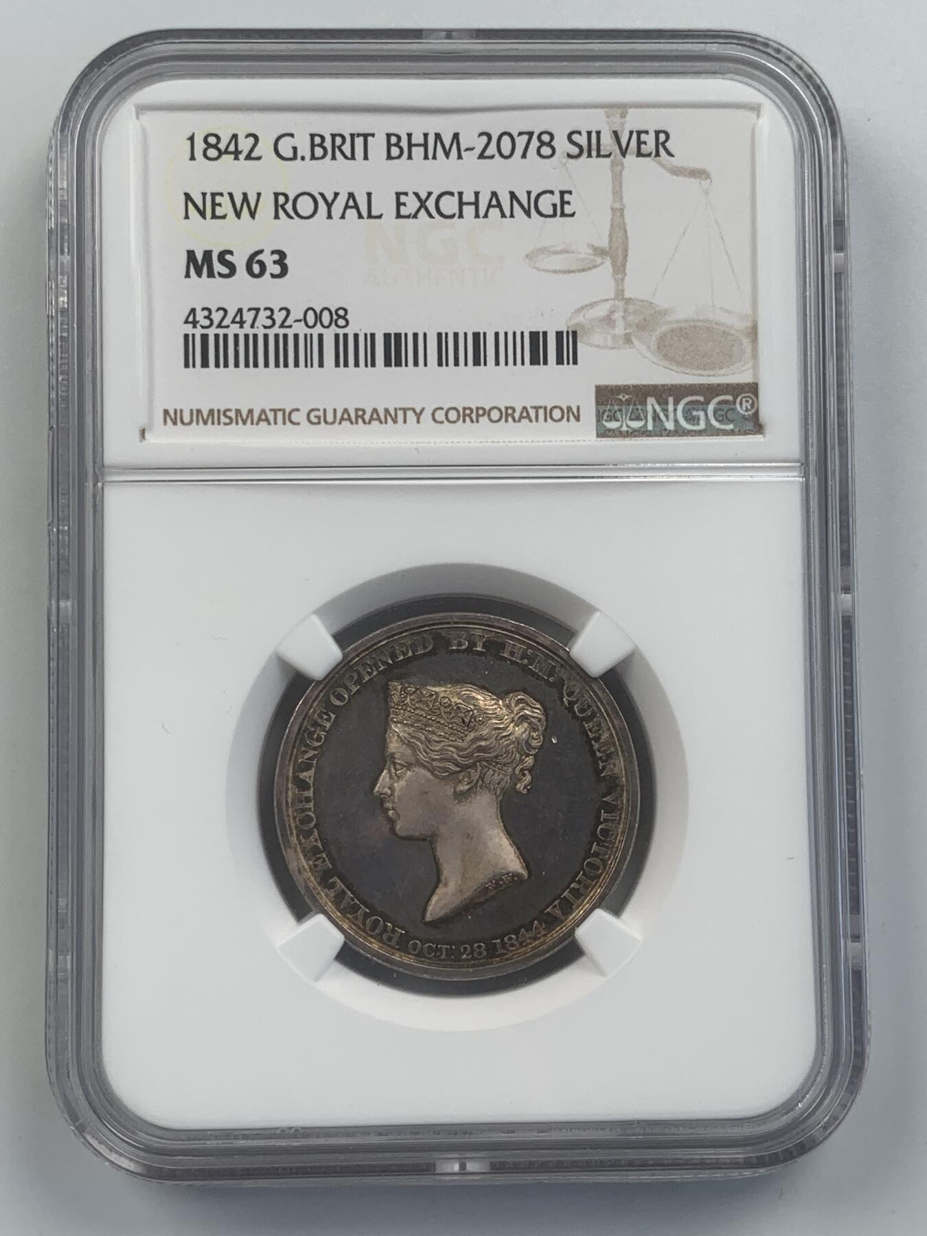 掌中浮雕-藏着的欧洲第045场 NGC MS63 : 1842年伦敦新商品交易所开幕银章，27mm, 五彩包浆