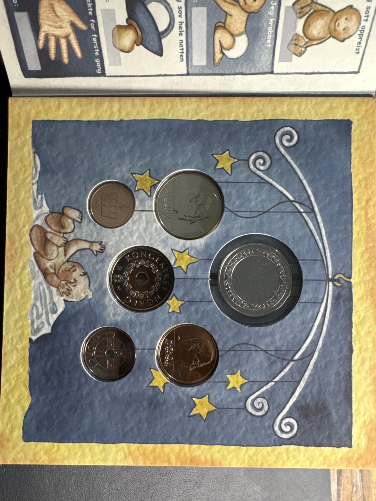 ❤️【币观天下】❤️ 第334期钱币拍卖- 2025.12.12周五晚上6点半场-长期征集拍品 挪威2002年新生儿宝宝的第一套硬币官方卡装5枚硬币+1枚纪念章