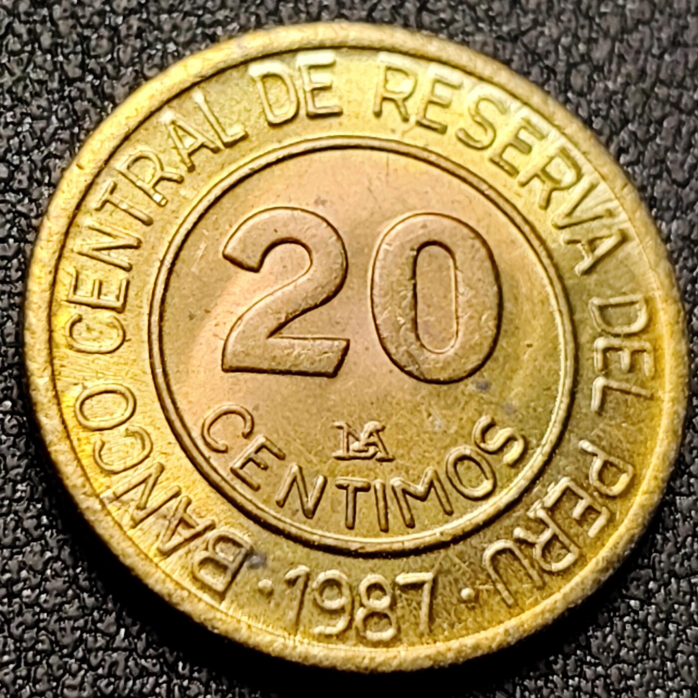 泉币菌-第143场-精品福利场 原铜光 格拉夫 秘鲁1987年20分黄铜人物硬币 21毫米 