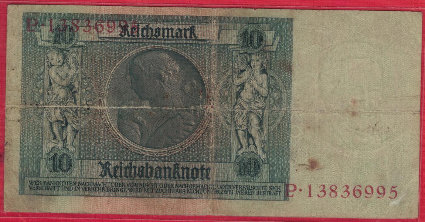 德国1929年10马克 P-180a 无47 加盖字母B 实物图 八五品 头像水印 