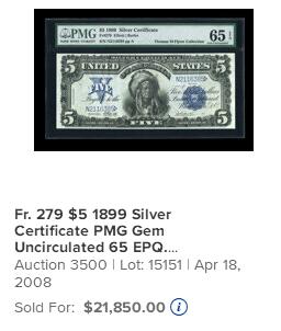 【Blue Auction】世界纸币精拍第760期——18级TOP拍卖/信誉/品质/专业/高效💫 【冠军分 少见fr】美国 1899年5美金“酋长券” PMG66EPQ 在“最伟大美元纸币”中排名第十（纸币正面印有印第安苏族汉克帕帕部落酋长的肖像，象征美国西部文化。由美国雕版大师 G.F.C.Smilie雕刻，以其细腻的点线技法展现羽毛冠和面部细节，被誉为纸币雕刻的杰作）老美金收藏绕不开的一张经典 大票幅 